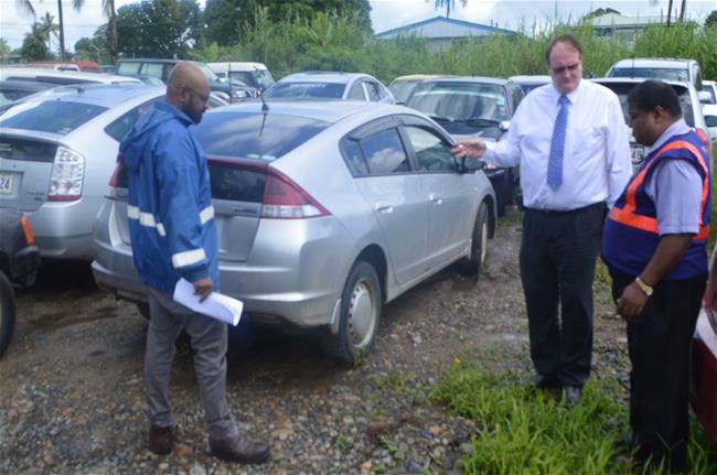 LTA CEO Mr. Samuel Simpson during a debrief with Enforcement Officers at the LTA impounding yard in Valelevu.
